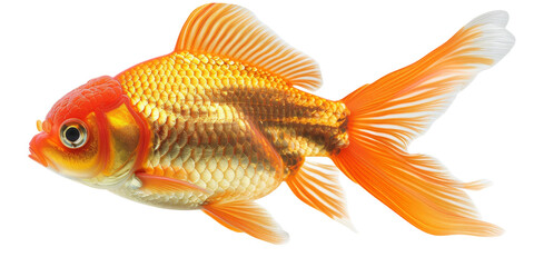 Close-up of a vibrant orange and white goldfish with detailed scales and flowing fins, set against a plain white background. The image captures the beauty and intricate details of the fish, making 