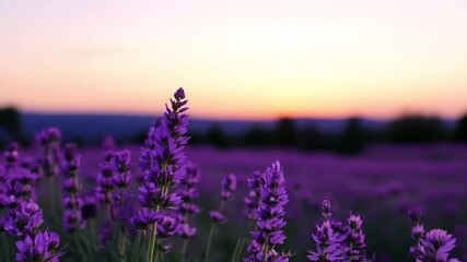 Poster - Vibrant purple lavender flowers sway gently as the sun sets, casting a warm glow over the field and mountains in the distance.