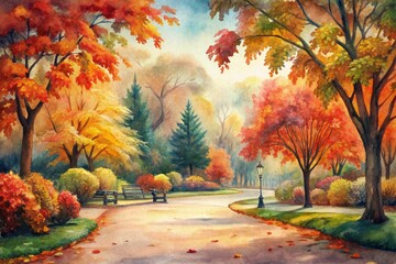 Wall Mural - A serene autumn path through vibrant foliage