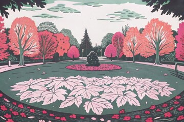 Wall Mural - A gentle autumn breeze sweeps through the park, scattering crimson leaves