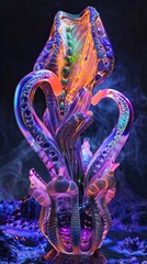 Poster - Surrealistic Neon Luminous Biomorphic Form Emerging From Dark Background at Night