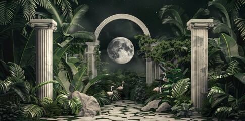 Decorative background with a moon and flamingo with tropical palm leaves and banana leaves, for use as a background or wallpaper