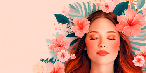 Wall Mural - Close-up of a serene red-haired woman surrounded by pink tropical flowers. Ideal for beauty and skincare brands, promoting natural beauty, self-care, and celebrating Redhead Day