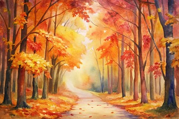 Wall Mural - A serene autumn path through a sun-dappled forest