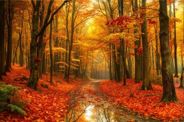 Wall Mural - A golden autumn path through a misty forest