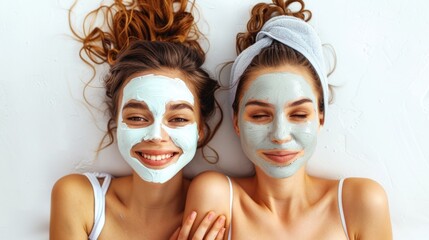 Two young women with facial masks relaxing on a white background