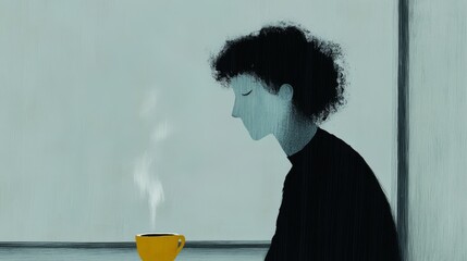 Lofi illustration of a person sitting by a window on a rainy day looking thoughtful and contemplative with a journal and a steaming cup of tea nearby