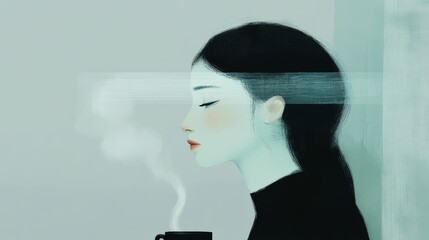 Wall Mural - Lofi illustration of a person sitting by a window on a rainy day looking thoughtful and contemplative with a journal and a steaming cup of tea nearby