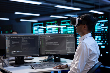 Poster - developer immersed in virtual reality in server hub, doing units maintenance. technician using vr he