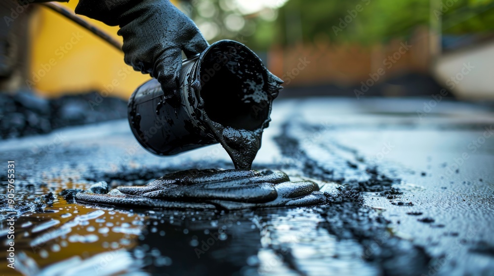 Close-up of a worker pouring black asphalt onto a surface for ...