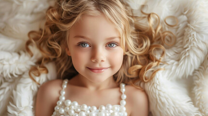 Wall Mural - little cute smiling curly blonde girl in a white pearl dress on a studio background, child, baby, toddler, children, childhood, kid, blue eyes, innocence, angel, charming, person, emotion, face, head