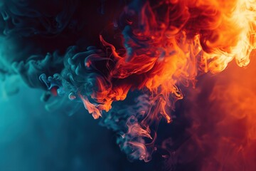 A close-up shot of red and blue smoke swirling together