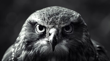 Poster - A black and white photo of a bird of prey in mid-air, wings outstretched