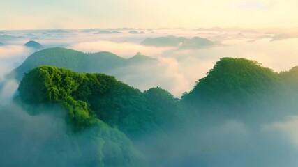 Poster - Puffy clouds in varying shades of blue hover in the sky, illuminated by the soft light of early morning, creating a tranquil atmosphere.