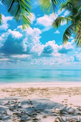 Poster - A serene beach scene with palm trees and the ocean in the background, perfect for relaxation or vacation inspiration