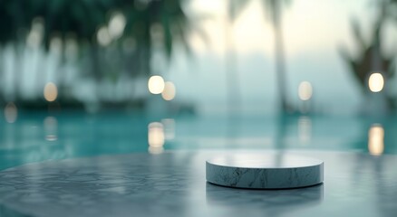 Poster - Marble Coaster on Table by Poolside With Lush Palm Trees at Sunset