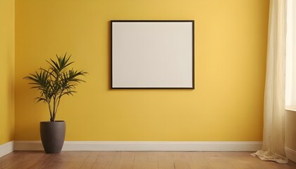 Empty blank mock up poster frame with copy space. Room empty soft yellow wall background.