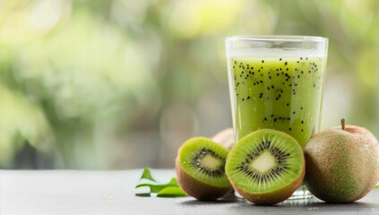 Wall Mural - Fresh Kiwi Smoothie With Whole Kiwi Fruits on Table in Natural Light