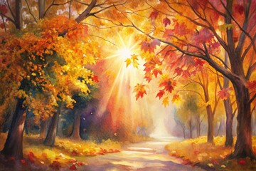 Wall Mural - Golden hour glow through autumnal forest