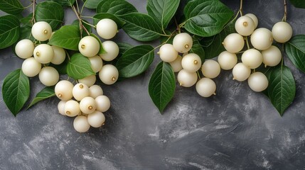 Canvas Print - Clusters of white plum fruits with green leaves arranged on a textured gray surface