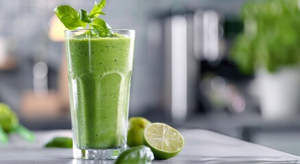 Refreshing Green Smoothie With Basil and Lime in a Bright Kitchen