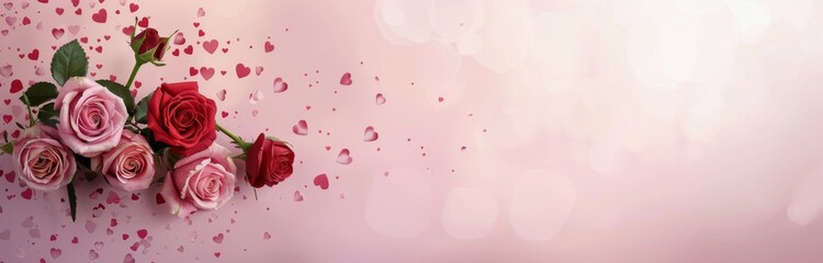 Wall Mural - Bouquet of Pink and Red Roses Surrounded by Heart-Shaped Petals on Soft Background