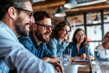 Poster - People gathered around a rustic wooden table, ideal for business meetings or social gatherings