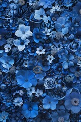 Flowers wall background with vivid blue colour flowers. Decoration for celebrating wedding or birthday. Vertical format design for phone wallpaper or invitation. Space for text.