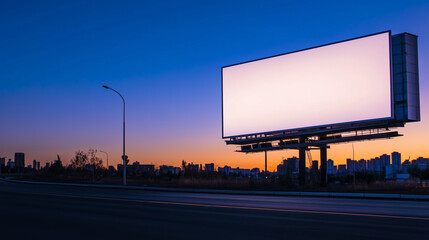 Wall Mural - a large blank billboard stands prominently against a colorful sunset sky, overlooking a highway with