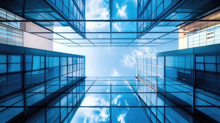 Poster - Observing modern skylight through blue glass building roof in contemporary architecture with abstract backgrounds