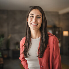 portrait of beautiful adult young women stand and smile at home