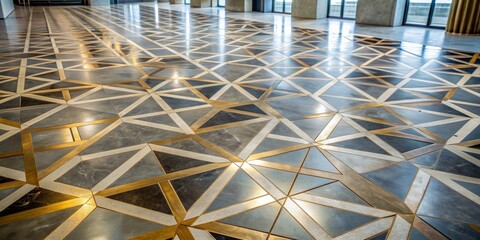 Wall Mural - Geometric Marble Floor with Brass Inlays, Interior Design, Marble Floor, Geometric Pattern, Brass Accents