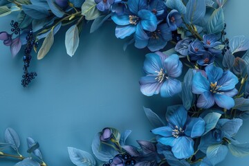 Aufkleber - A beautiful blue flower wreath surrounded by green leaves on a bright blue background