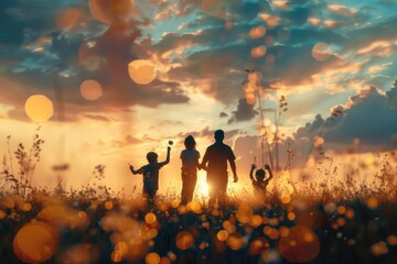 Poster - A family poses together in a green field as the sun sets behind them