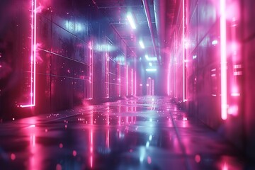 Poster - Neon Lights in a Futuristic Corridor