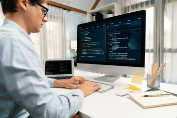 IT developer working online software development information on pc and laptop screen with typing to create new code program on updated version application project creating overall system. Pecuniary.