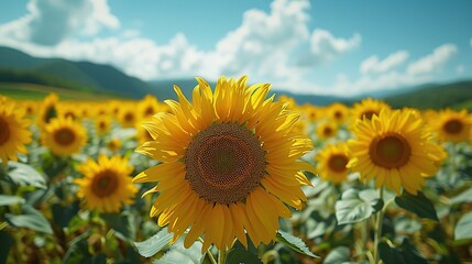 Wall Mural - A Sunflower Field with a Mountain View