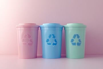 Poster - Trio of pastel-colored recycling bins promoting clean organized waste management in soft hues.