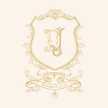 Vintage wedding crest design with initial D J. Retro design element crest; can be used in wedding napkins, plates, invitations. Vector Illustration.