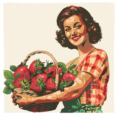 vintage girl illustration poster, retro woman with a basket full of strawberry, Corsican woman, isolated , vector