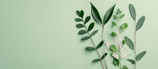 Poster - Assorted Green Leaves on Light Green Background in Natural Arrangement