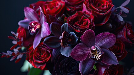 A sophisticated bouquet of dark red roses and deep purple orchids, set against a dramatic, dark background.