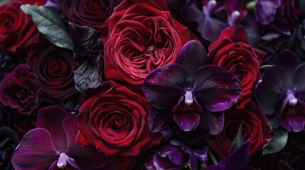 A sophisticated bouquet of dark red roses and deep purple orchids, set against a dramatic, dark background.