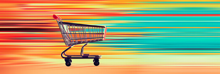 Poster - Empty shopping cart is moving fast on a colorful background