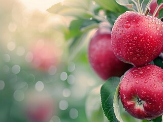 Wall Mural - Fresh Juicy Apples Covered in Dew on a Branch in Orchard During Morning