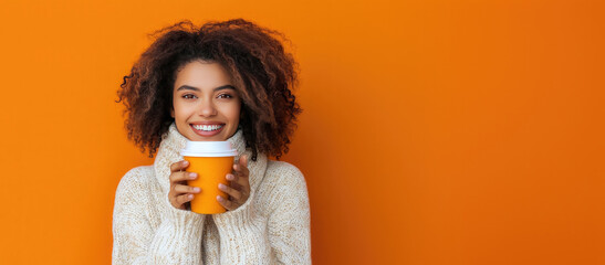 African American Woman Drinking a Fall Autumn Pumpkin Spice Flavored Latte on a Orange Background with Space for Copy