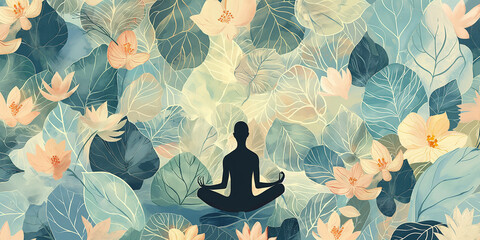 Wall Mural - Silhouette meditating over water surrounded by lotus flowers and leaves