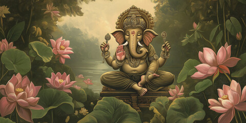 Golden ganesha sitting in lotus pond holding keys to success