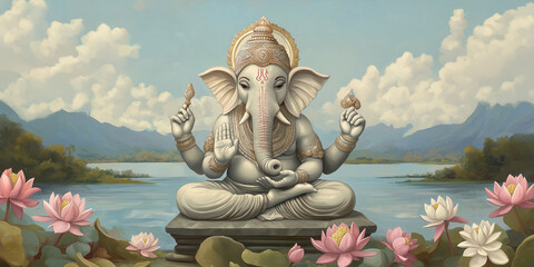 Wall Mural - White ganesha statue meditating in a peaceful landscape with lotus flowers