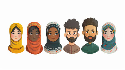 Cartoon-style illustration of six diverse people in traditional attire, highlighting cultural diversity and inclusion.